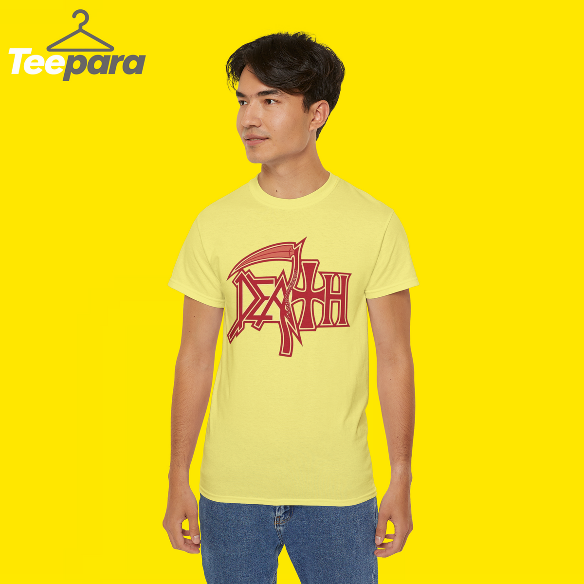 Man wearing the yellow Trump Rally Tom Death Shirt