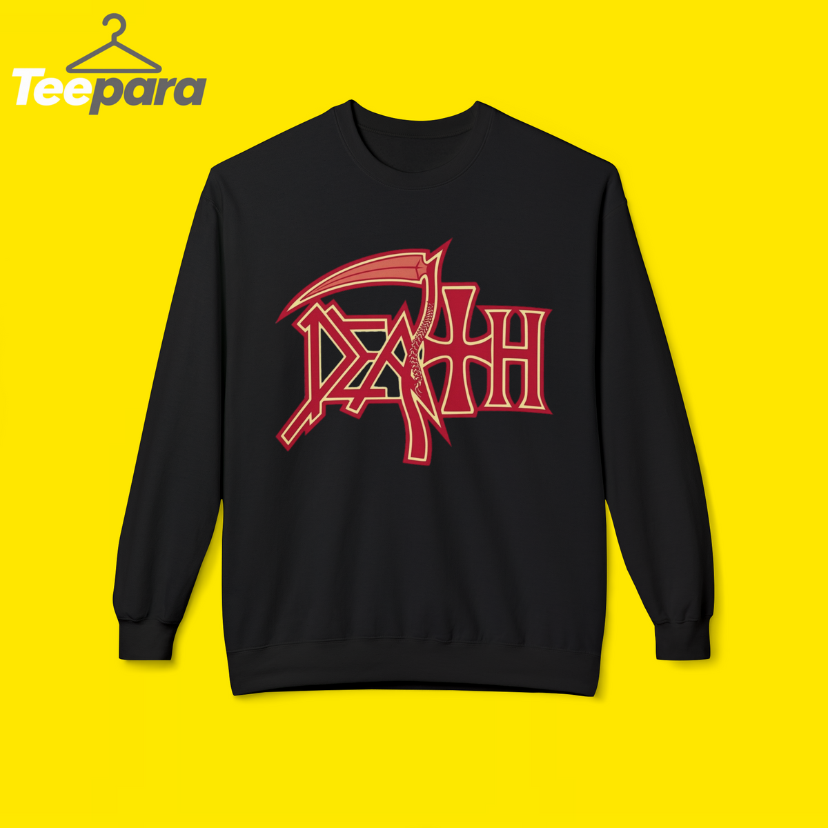 Trump Rally Tom Death Sweatshirt - Black crewneck sweatshirt with red Death logo graphic, front view