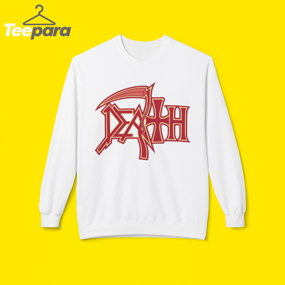 Trump Rally Tom Death Sweatshirt - White crewneck sweatshirt with red Death logo graphic, front view
